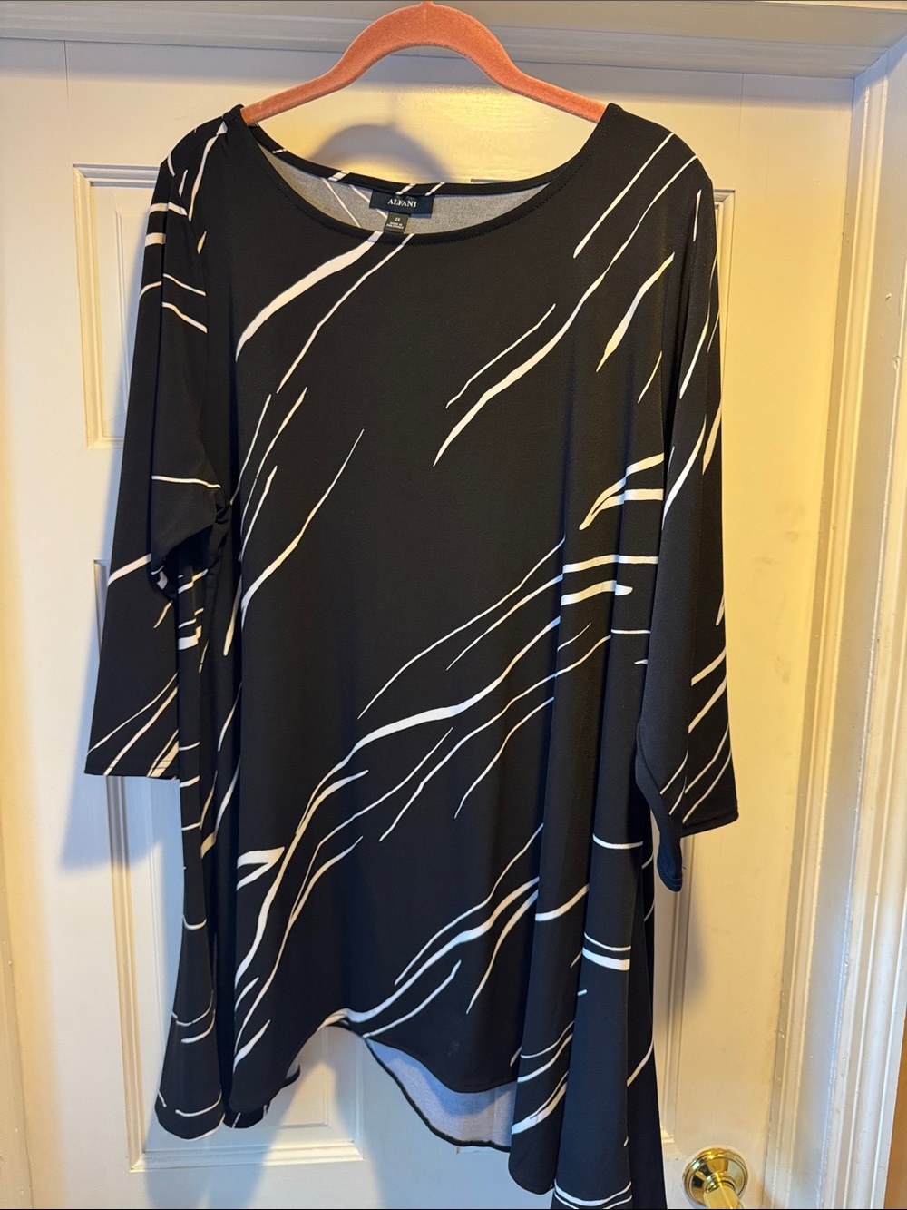 Alfani Black Tunic with White Abstract Stripe Boatneck